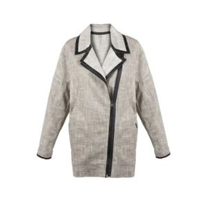 Cop Copine Chatelet Jacket Women 38 Gray Linen Blend Oversized Faux Leather Trim